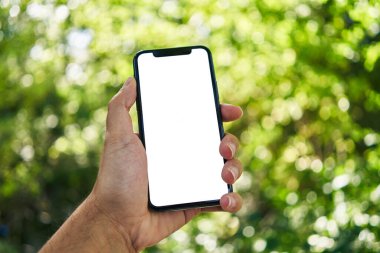 Akıllı telefonu tutan adam parkta beyaz ekranı gösteriyor.