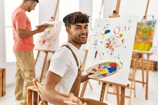 Two Hispanic Men Couple Smiling Confident Drawing Art Studio — Stock Photo, Image