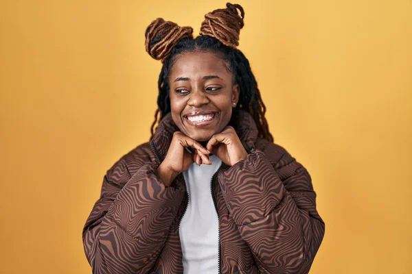 African Woman Braided Hair Standing Yellow Background Laughing Nervous Excited — ストック写真