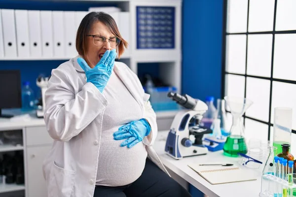 Pregnant Woman Working Scientist Laboratory Bored Yawning Tired Covering Mouth —  Fotos de Stock