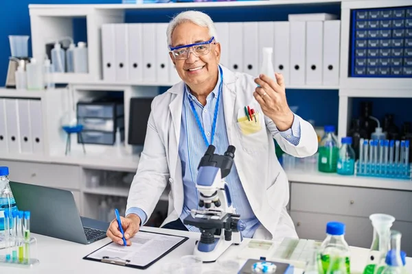 Senior Man Scientist Writing Document Holding Test Tube Laboratory — Stock Photo, Image