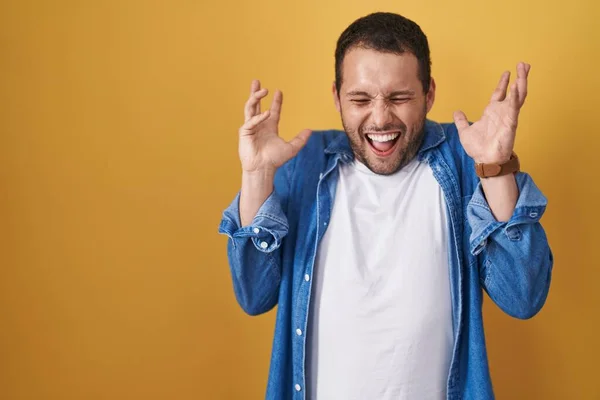 Hispanic Man Standing Yellow Background Celebrating Mad Crazy Success Arms — Stok fotoğraf