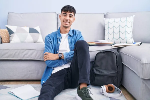 Young Hispanic Man Sitting Floor Studying University Happy Face Smiling — Zdjęcie stockowe