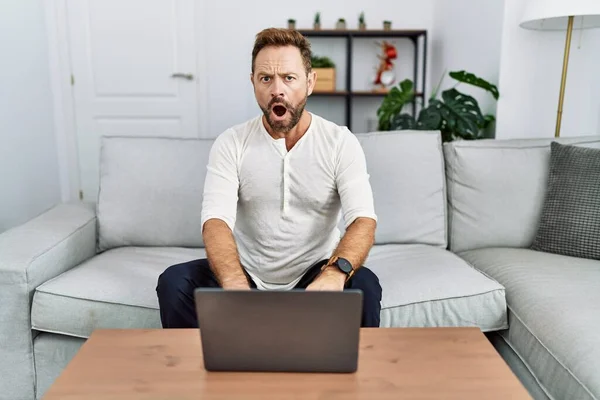 Middle age man using laptop at home in shock face, looking skeptical and sarcastic, surprised with open mouth