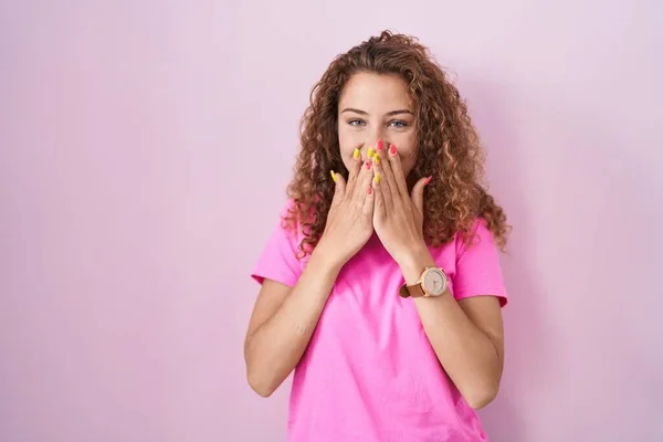 Young Caucasian Woman Standing Pink Background Laughing Embarrassed Giggle Covering — Stock Photo, Image
