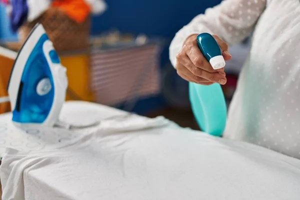 Middle Age Woman Using Sprayer Ironing Clothes Laundry Room — Stock Photo, Image