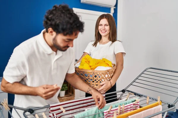 Man Woman Couple Hanging Clothes Clothesline Laundry Room — Stock Photo, Image