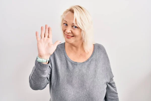 Middle Age Caucasian Woman Standing White Background Waiving Saying Hello — Stock Photo, Image