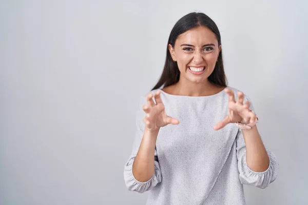 Young Hispanic Woman Standing White Background Smiling Funny Doing Claw — Zdjęcie stockowe