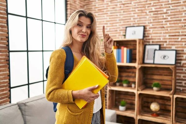 Young Woman Wearing Student Backpack Holding Books Smiling Idea Question — Stock Photo, Image