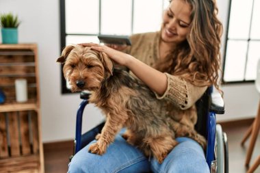 Evde tekerlekli sandalyede oturan güzel İspanyol kadın köpek kılı tarıyor.