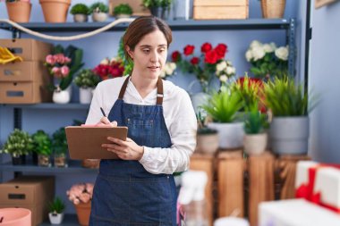 Çiçekçide panoya yazı yazan genç bir kadın.