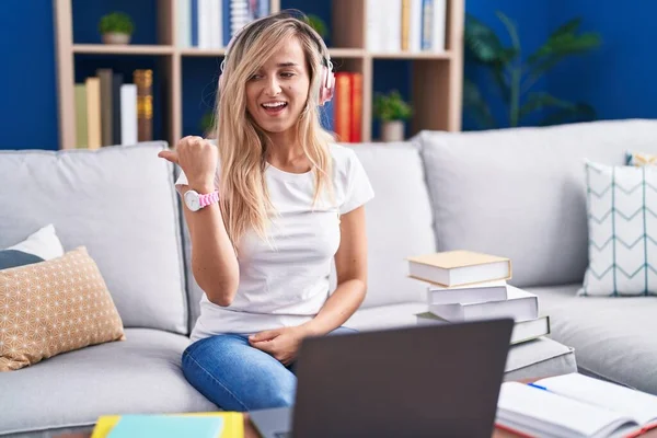 Young Blonde Woman Studying Using Computer Laptop Home Smiling Happy — Stockfoto