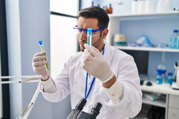 Young Hispanic Man Scientist Holding Test Tubes Laboratory — Photo