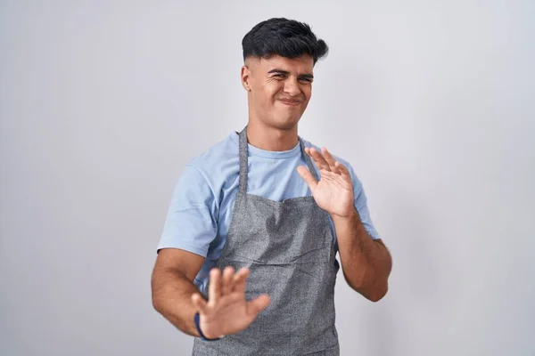 Hispanic Young Man Wearing Apron White Background Disgusted Expression Displeased — Stock Photo, Image