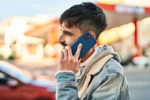 Young Hispanic Man Talking Smartphone Wearing Headphones Street — Stockfoto