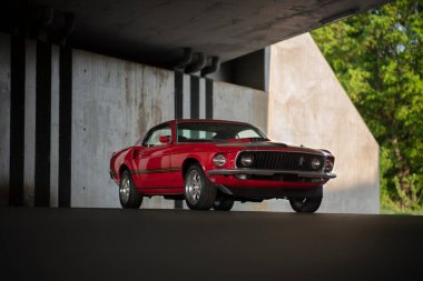 Wroclaw, Poland - May 11, 2022: This retro Ford Mustang is expensive but beautiful. Fast american pony car that everybody knows.
