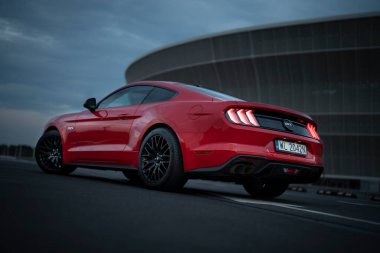 Wroclaw, Poland - August 15, 2022: Beautiful modern petrol engine sports car Ford Mustang GT