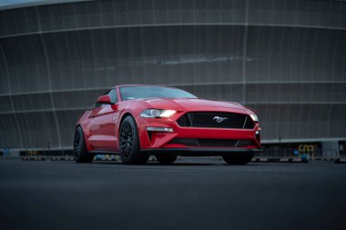 Wroclaw, Poland - August 15, 2022: Red powerful car Ford Mustang GT with 5 litre petrol engine