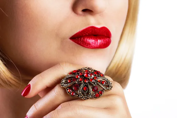 Red lips with ring Royalty Free Stock Photos