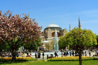 ISTANBUL, TURKEY - APRIL 04, 2019: Hagia Sophia museum (Ayasofya Muzesi) in Istanbul, Turkey. It was built as a church and basilica then became a mosque and finally a museum.