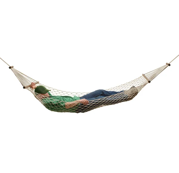 Man Hat Resting Rope Hammock All Isolated White — Stockfoto