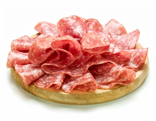 Salame Affettato Tagliere Rotondo Legno Isolato Sfondo Bianco — Foto Stock