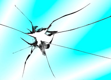 Açık mavi cam çekiç ya da benzer bir nesneyle kırılmış.