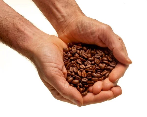 Two Male Hands Coffee Beans White Background — Φωτογραφία Αρχείου