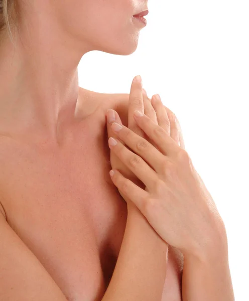 Woman Showing Long Fingers Lateral View White Background — Stock Photo, Image