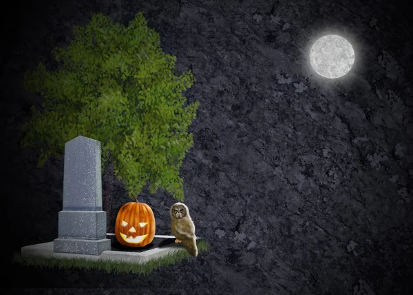 Textured black halloween background grave moon owl and pumpkin — Stock Photo, Image