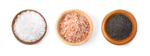 Cuencos Con Diferente Sal Sobre Fondo Blanco Rosa Himalaya Sal — Foto de Stock