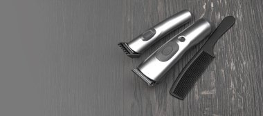 Saç makasıyla ayarlama ve kopyalama alanı ile ahşap arkaplan tarama