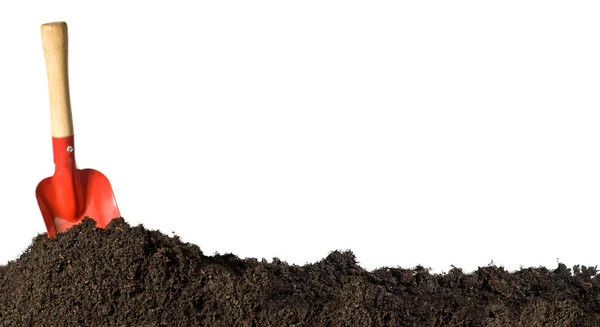 園芸工具および白い背景の上の泥炭 — ストック写真