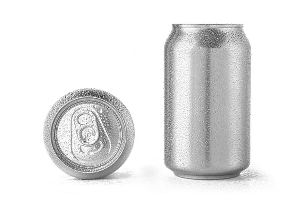 Zilver Metalen Blikken Met Druppels Geïsoleerd Witte Achtergrond — Stockfoto
