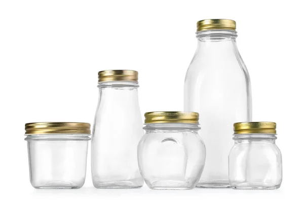 Een Set Lege Glazen Potten Geïsoleerd Een Witte Achtergrond Met — Stockfoto