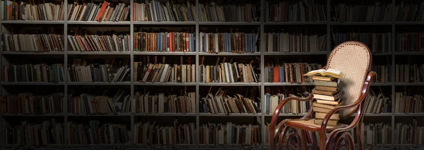 Стілець Книгами Фоні Книжкових Полиць Фон Бібліотеки — стокове фото