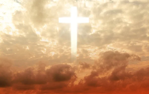 Cross Christ Yellow Sky Cross Huge Cloud Rising Sun Epic — Fotografia de Stock