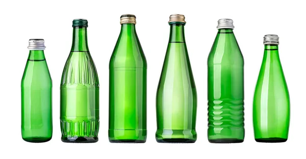 Set Green Glass Bottles Soda Water Isolated White Background — Stock Photo, Image