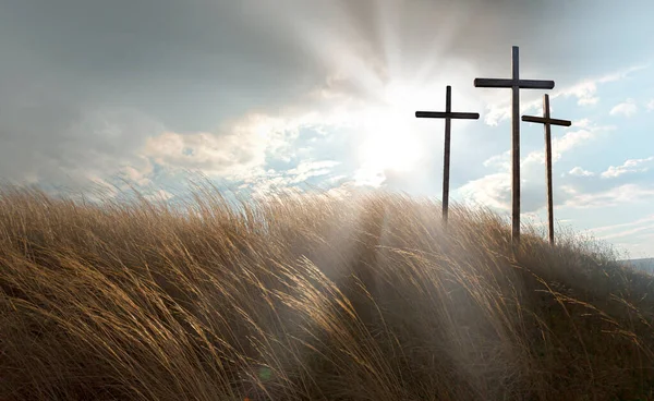 Kruisiging Van Jezus Christus Bij Zonsopgang Drie Kruizen Een Heuvel — Stockfoto