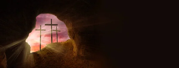 Open Tomb Sunrise Grave Clothes Three Crosses Resurrection Jesus Christ — Stock Photo, Image