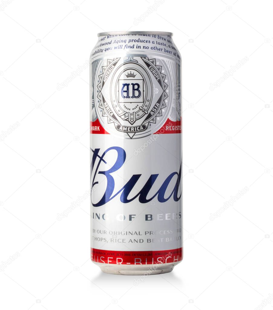 Chisinau, Moldova - December 25, 2015  Beer Bud light, metal can, isolated on white background, with clipping path