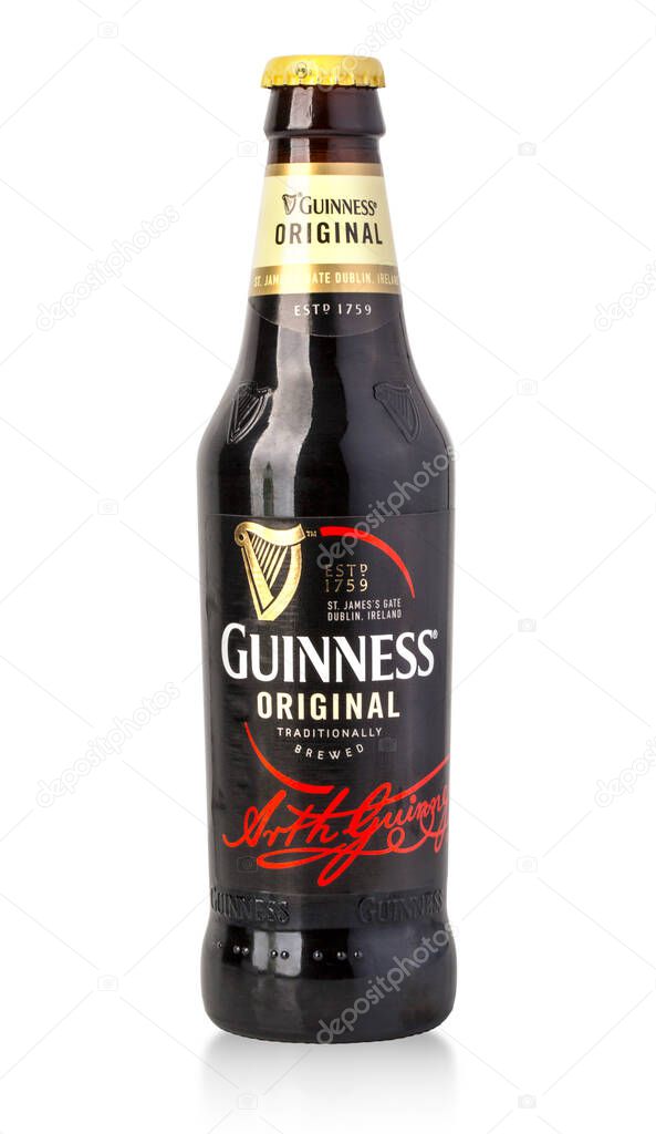 Chisinau, Moldova - December 05, 2015 Guinness Original Beer bottle isolated on white background