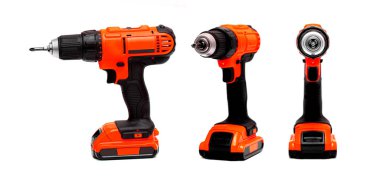 Elektrik kablosuz tornavida matkabı beyaz arka planda izole edildi, profesyonel ev onarım aracı.