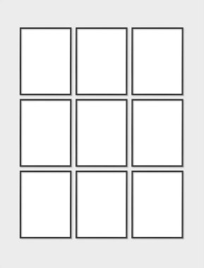 Çerçevenin yapısı 3x4, 30x40. 9 tane ince siyah çerçeve. Galeri duvarı maketi, 9 karelik set. Temiz, modern, minimalist, parlak. Portre. Dikey.