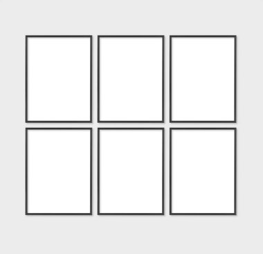 Çerçevenin yapısı 3x4, 30x40. Üç ince siyah çerçeve seti. Galeri duvarı maketi, 6 karelik set. Temiz, modern, minimalist, parlak. Portre. Dikey.