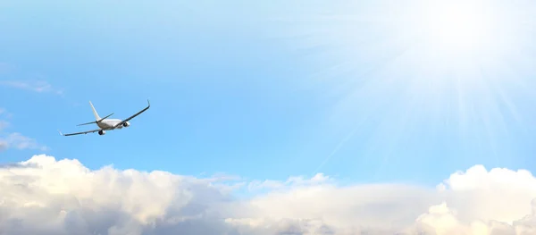 Beautiful Panoramic Background Flying Plane Blue Sky Passenger Airplane Landing — Stock Photo, Image