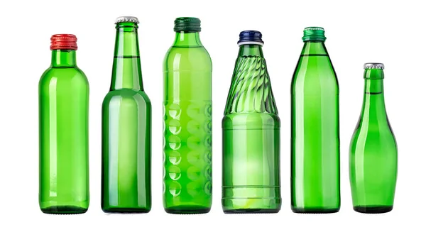 Set Green Glass Bottles Soda Water Isolated White Background — Stock Photo, Image