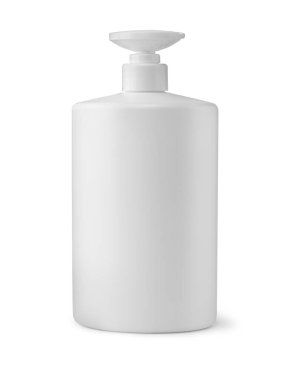 beyaz bir şişe sıvı sabun. Krem, şampuan, yağ, jöle, sabun ve balsam için kozmetik şişesi. kırpma yolu ile