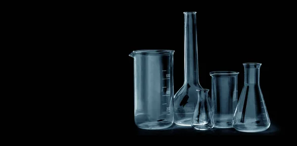 Different Laboratory Glassware Analysis Black Background Clipping Path — Stock Photo, Image